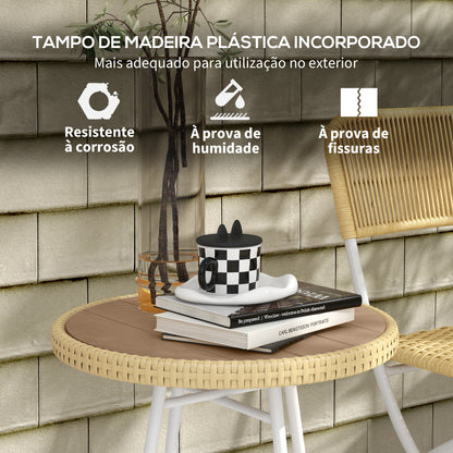 Outsunny Mesa Auxiliar de Vime Sintético Mesa de Centro Redonda com Bancada de Madeira Plástica e Estrutura de Aço Galvanizado Carga Máxima 30 kg para Varanda Jardim 50x50x55 cm Madeira e Bege