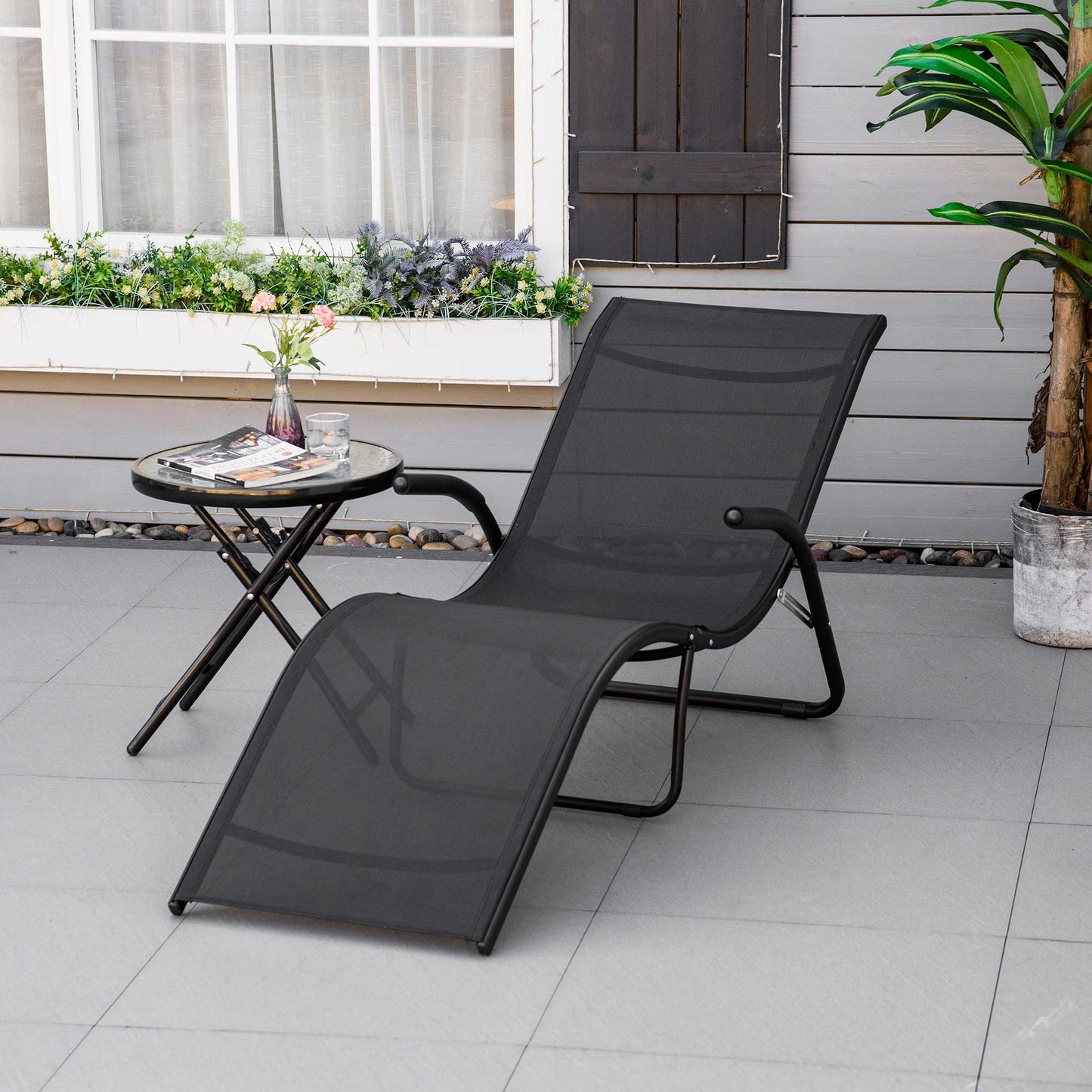 Outsunny Espreguiçadeira de Jardim com Apoio para os Braços Apoio para os Pés Encosto Respirável e Estrutura de Metal Ergonómico para Terraço Praia Acampamento 170x62x68cm Preto