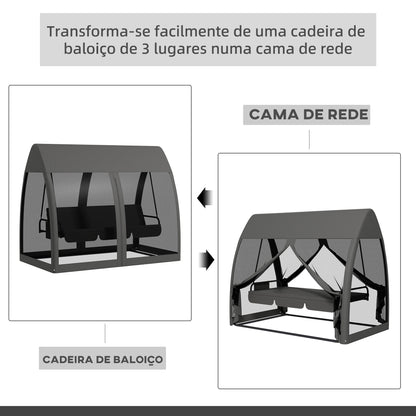 Outsunny Baloiço de Jardim de 3 Lugares Convertível em Cama com Rede Mosquiteira Estrutura de Metal para Jardim Terraço Carga 300kg 240x140x197 cm Cinza Escuro