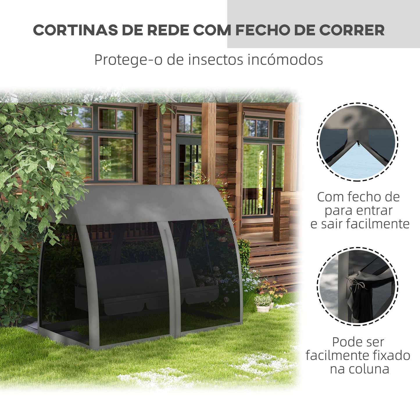 Outsunny Baloiço de Jardim de 3 Lugares Convertível em Cama com Rede Mosquiteira Estrutura de Metal para Jardim Terraço Carga 300kg 240x140x197 cm Cinza Escuro