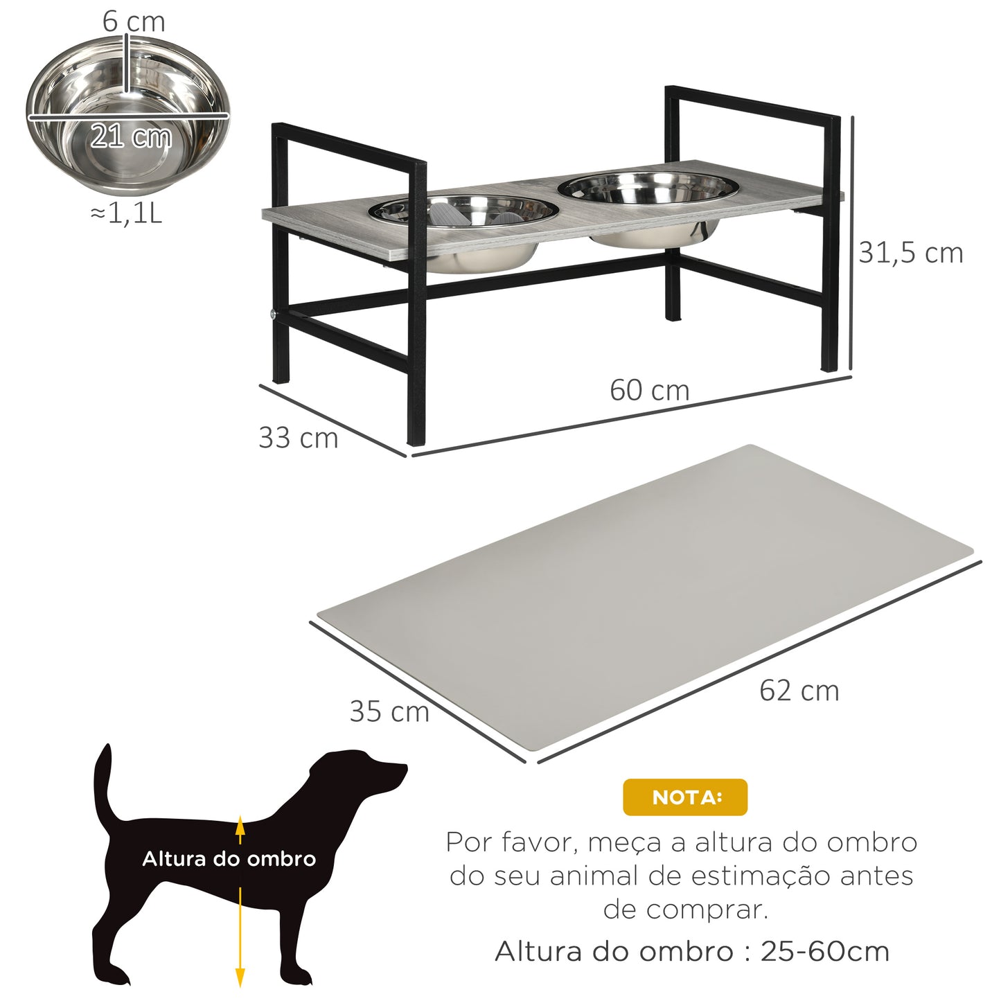 PawHut Comedouro Elevado para Cães com Altura Ajustável Comedouro para Cães com 2 Tigelas de 1100ml de Aço Inoxidável Tapete e Alimentador Lento 60x33x10-31,5cm Cinza