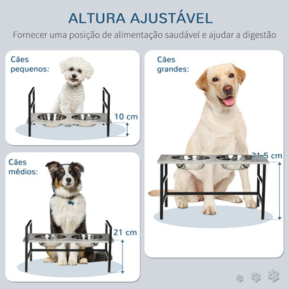 PawHut Comedouro Elevado para Cães com Altura Ajustável Comedouro para Cães com 2 Tigelas de 1100ml de Aço Inoxidável Tapete e Alimentador Lento 60x33x10-31,5cm Cinza