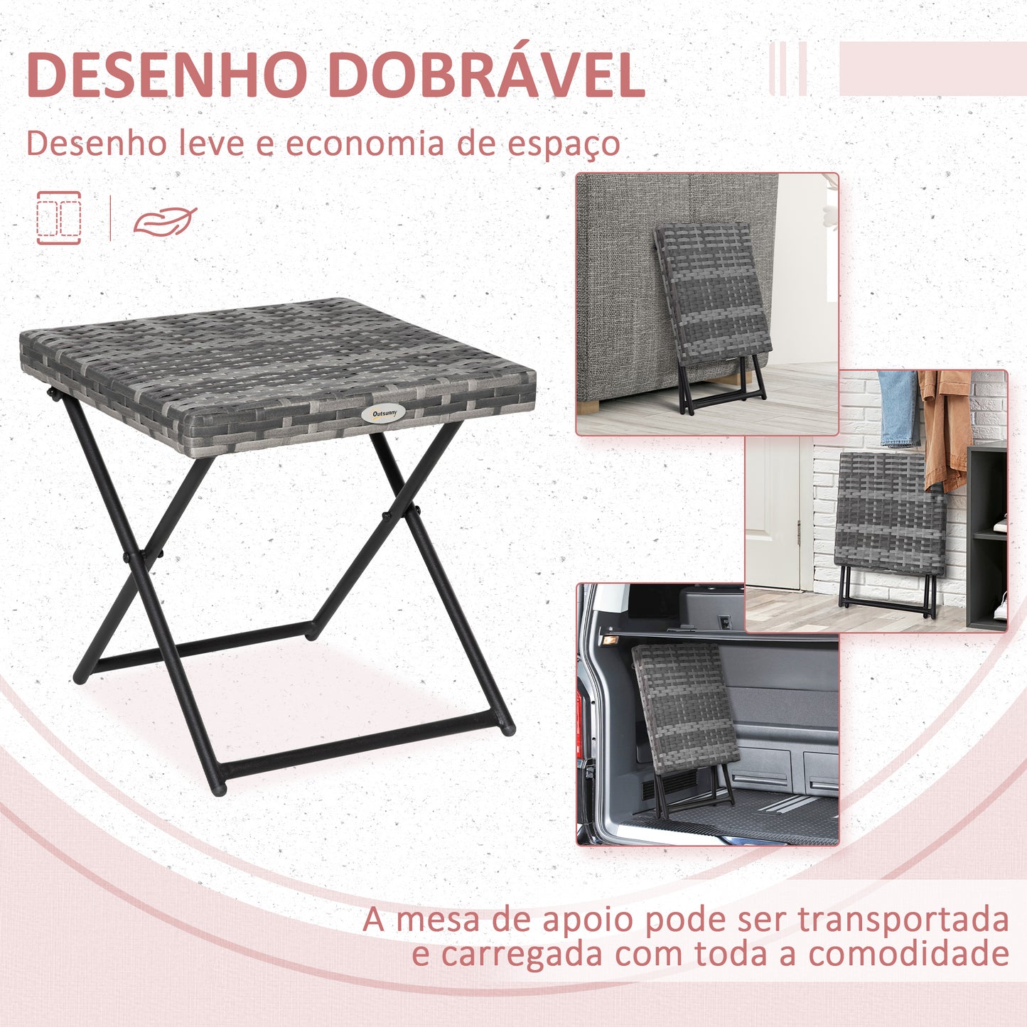 Outsunny Mesa de Jardim em Vime Sintético Mesa de Terraço Exterior Dobrável com Pés Cruzados e Estrutura de Aço para Pátio Varanda 40x40x40 cm Cinza