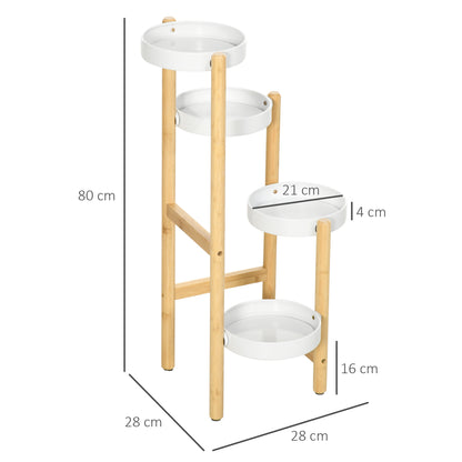 Outsunny Suporte para Plantas Prateleira para Plantas com Pés de Bambu Estante para Flores com 4 Prateleiras Redondas Carga Máxima 20 kg para Interior e Exterior Ø28x80 cm Madeira e Branco