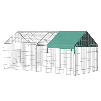 PawHut Gaiola para Animais de Estimação Pequenos 220x103x103cm Gaiola para Coelhos e Galinhas com 2 Portas e Proteção Solar para Exterior Jardim Pátio Prata e Verde