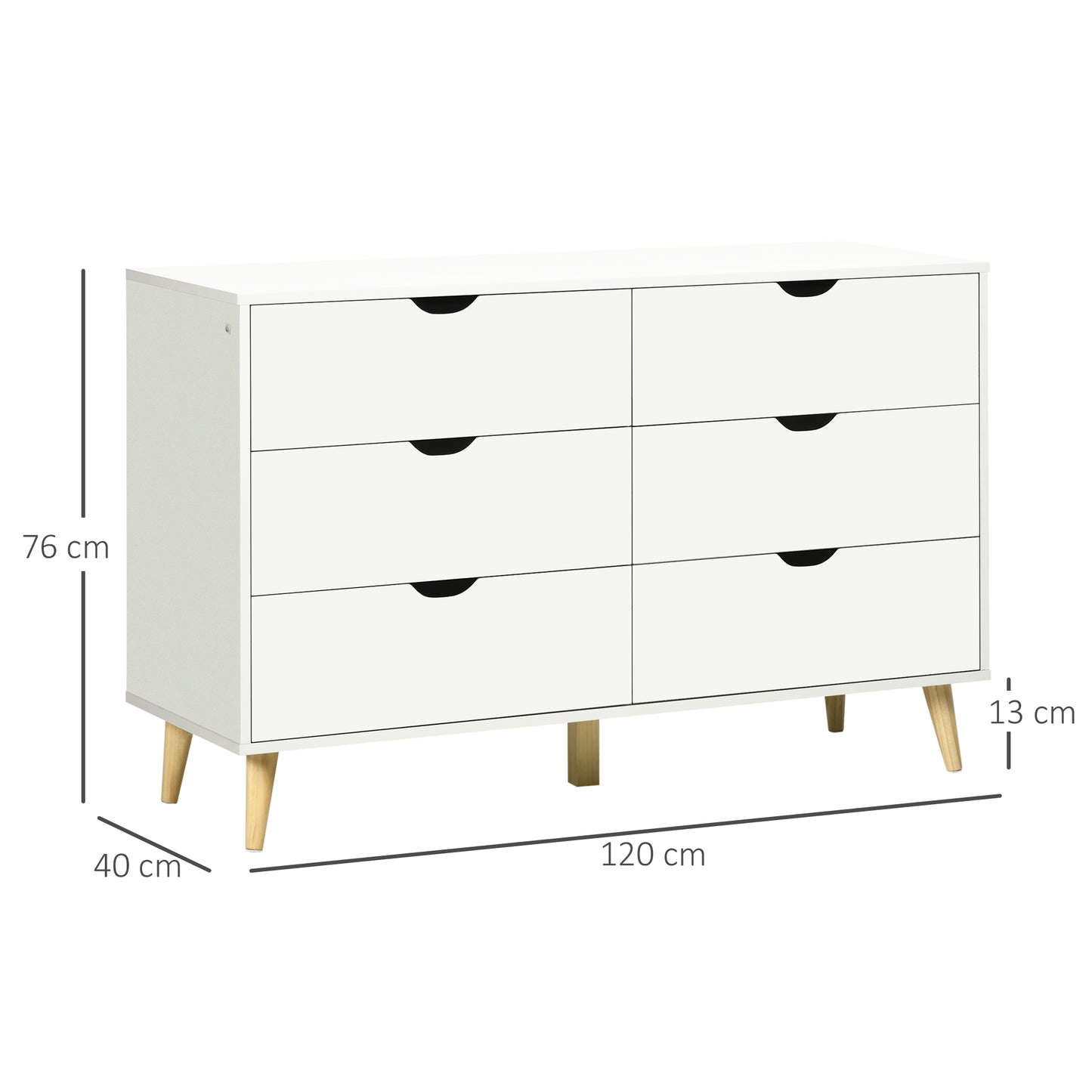 Cómoda "Astrid" com 6 Gavetas e Pés Elevados - 120x40x76 cm - Branco