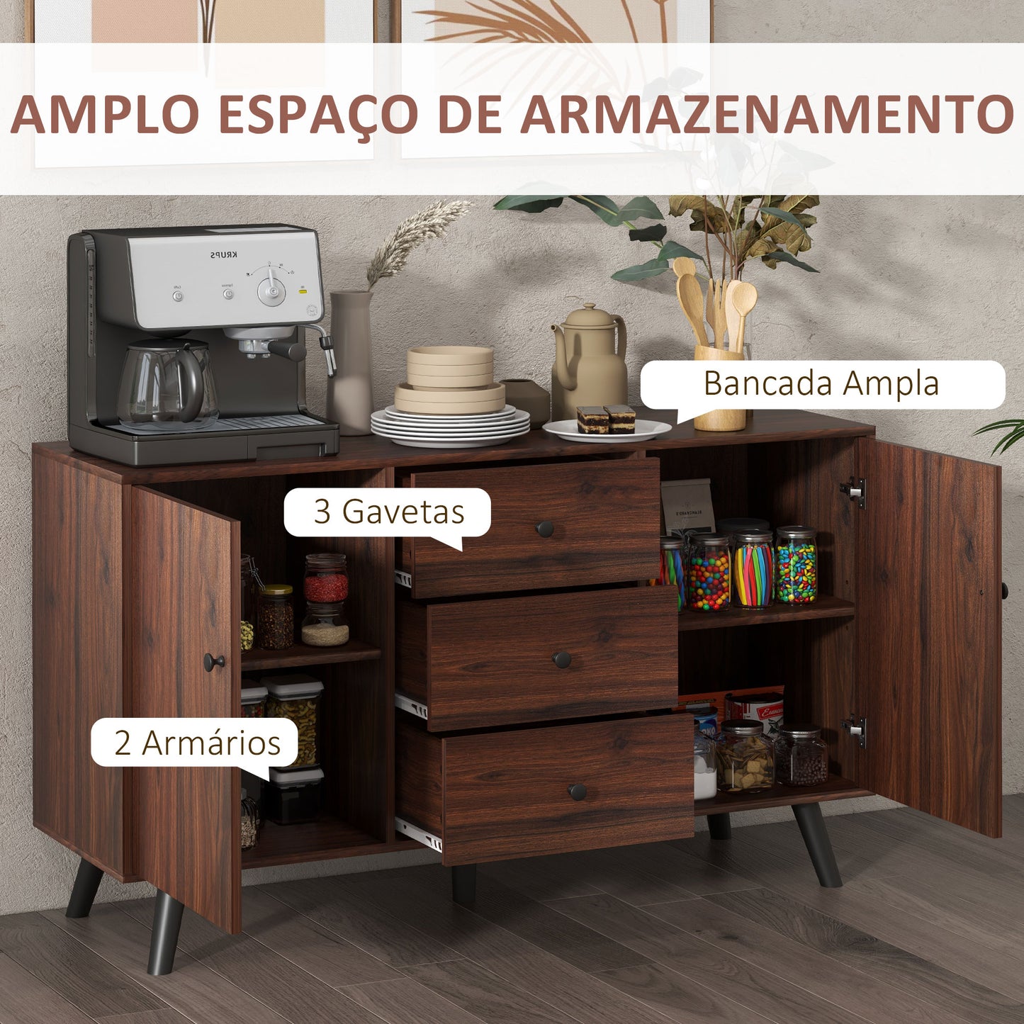 Aparador para Sala de Estar - Buffet Moderno com 2 Portas e 3 Gavetas