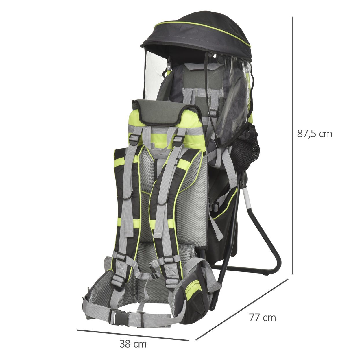 HOMCOM Mochila Porta Bebés Dobrável Mochila Porta Bebés Ergonómica com Capa Impermeável Base de Suporte e Múltiplos Bolsos para 6-36 Meses Carga Máxima 15kg 38x77x87,5cm Verde