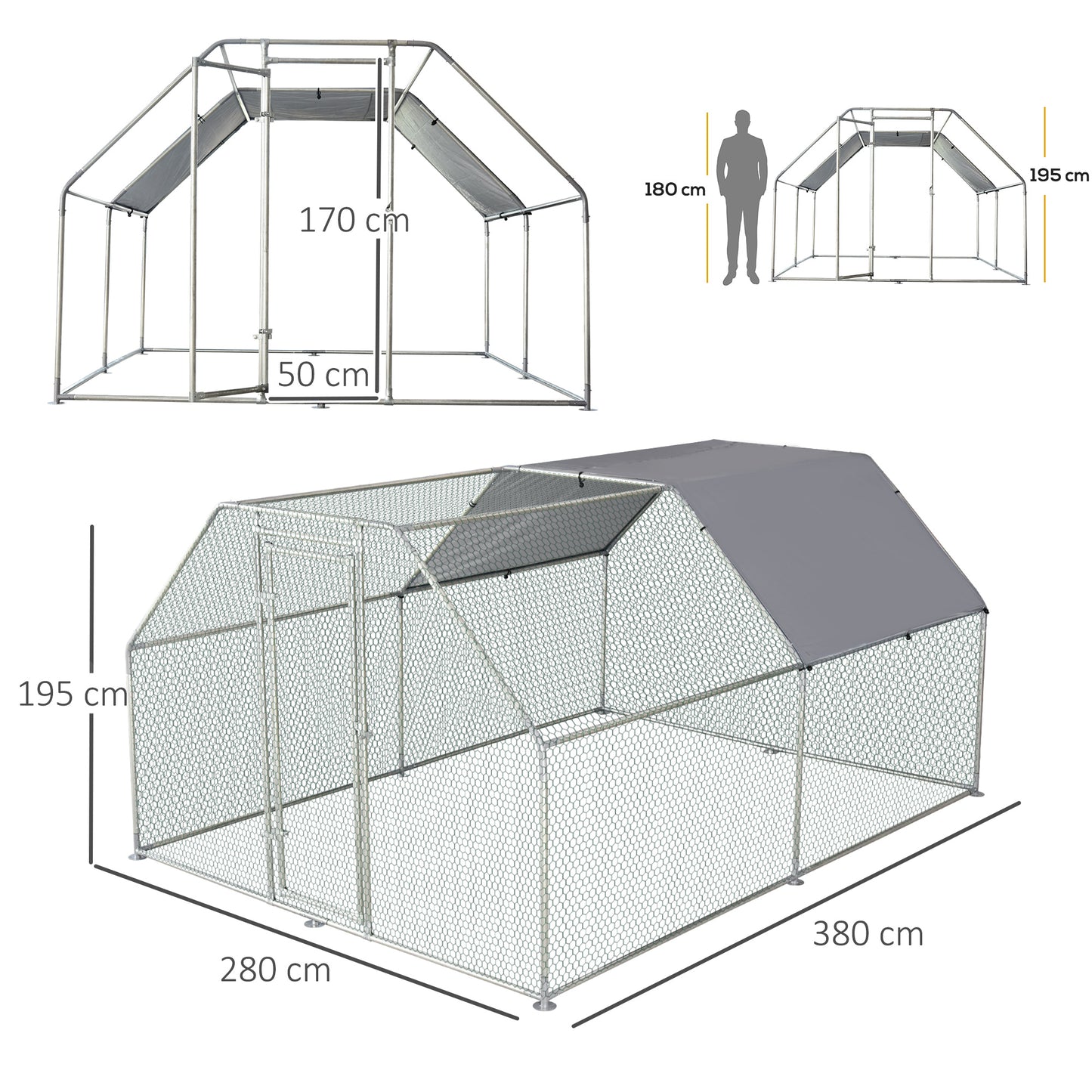 PawHut Galinheiro ao ar livre Gaiola para aves domésticas de metal galvanizado com fechadura ecobertura Oxford 280x380x195cm