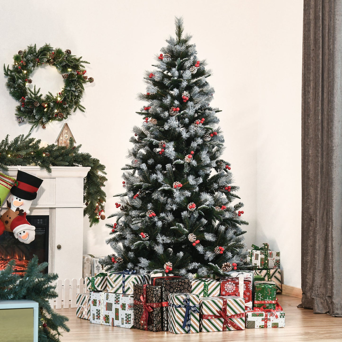 HOMCOM Árvore de Natal Artificial 180cm com 678 Ramas 53 Pinhas e 53 Frutinhas Folhas de PVC PE Base Dobrável e Suporte Metálico Decoração de Natal para Interiores Verde