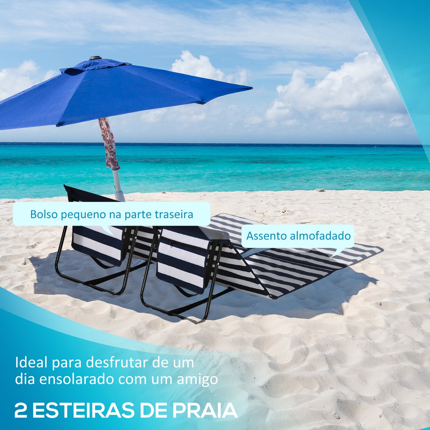 Outsunny Conjunto de 2 Esteiras de Praia Dobrável Esteiras Acolchoadas com Encosto Reclinável e Bolsa de Transporte para Jardim Campismo 142x51x40 cm Branco e Azul