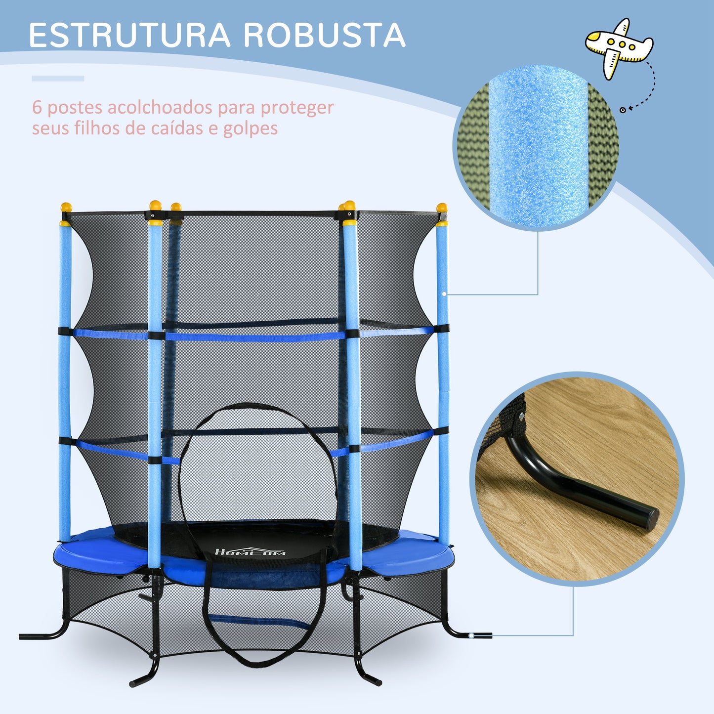 HOMCOM Trampolim para Crianças acima de 3 Anos Cama Elástica Infantil com Rede de Segurança e Estrutura de Aço para Interiores e Exteriores Carga 50 kg 163x163x163 cm Azul