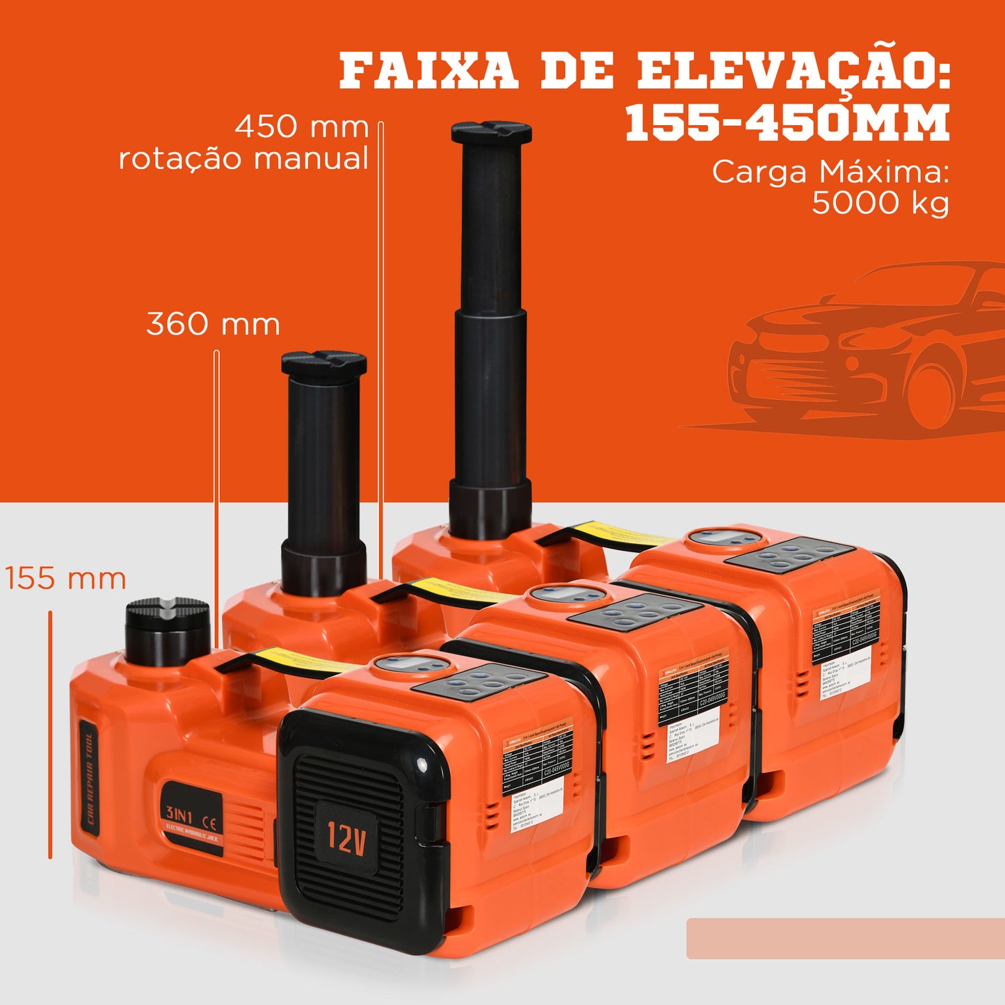 DURHAND Kit de Macaco Elétrico para Carro 12V Macaco Elétrico para até 5 Toneladas de 15,5x45cm com Reparação para Pneus Luz LED e Inflador para Carro SUV Sedan 36x33x16cm Laranja