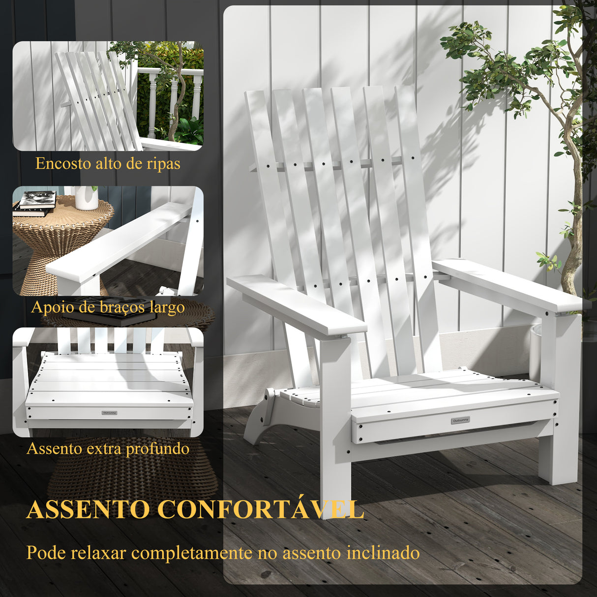 Cadeira Adirondack de Madeira Cadeira de Jardim Dobrável com Apoios de Braços Capacidade 160 kg para Pátio Terraço Varanda 68x81x93 cm Branco