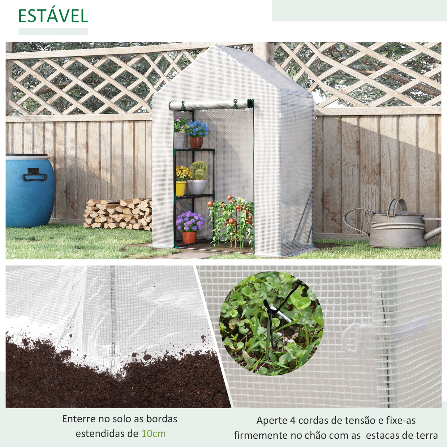 Outsunny Estufa de Jardim 143x73x195cm Estufa de Aço com 2 Prateleiras e Porta Enrolável para Cultivos de Plantas Vasos de Flores Pátio Exterior Branco