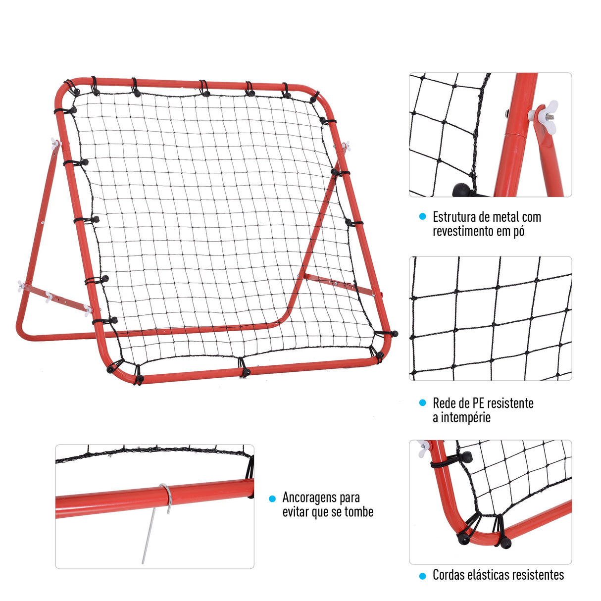 HOMCOM Rede de Rebote de Metal Rede de Rebote com Ângulo Ajustável e 20 Cordas Elásticas para Treinamento de Futebol Tenis Beisebol Desportes 96x80x96cm Vermelho