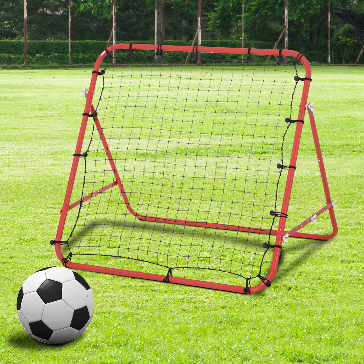 HOMCOM Rede de Rebote de Metal Rede de Rebote com Ângulo Ajustável e 20 Cordas Elásticas para Treinamento de Futebol Tenis Beisebol Desportes 96x80x96cm Vermelho