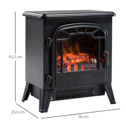 Lareira Elétrica com Termostato Efeito de Chama Realista Potência 900W/1800W Proteção Contra Superaquecimento para Ambientes entre 18-24m² 36x25,5x41,5cm Preto