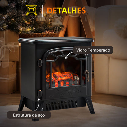 Lareira Elétrica com Termostato Efeito de Chama Realista Potência 900W/1800W Proteção Contra Superaquecimento para Ambientes entre 18-24m² 36x25,5x41,5cm Preto