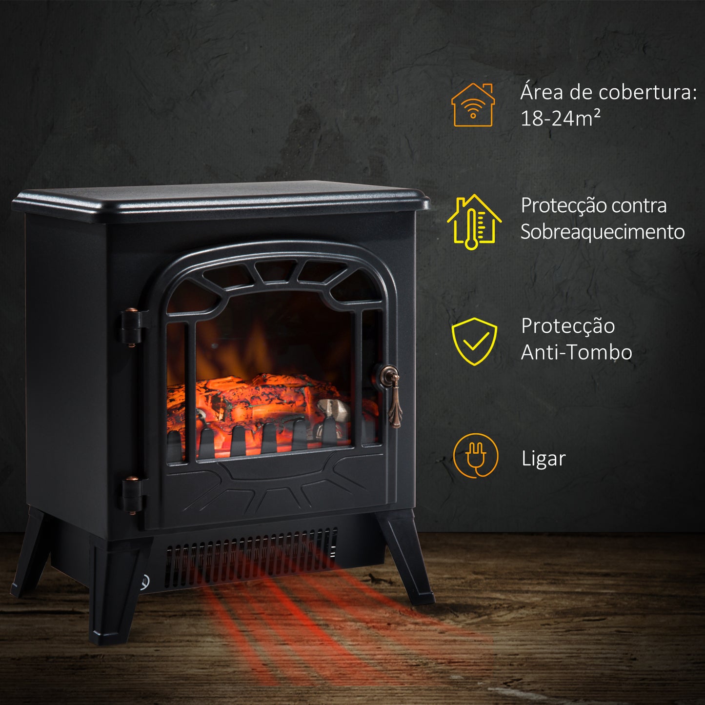 Lareira Elétrica com Termostato Efeito de Chama Realista Potência 900W/1800W Proteção Contra Superaquecimento para Ambientes entre 18-24m² 36x25,5x41,5cm Preto