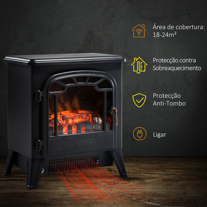 Lareira Elétrica com Termostato Efeito de Chama Realista Potência 900W/1800W Proteção Contra Superaquecimento para Ambientes entre 18-24m² 36x25,5x41,5cm Preto