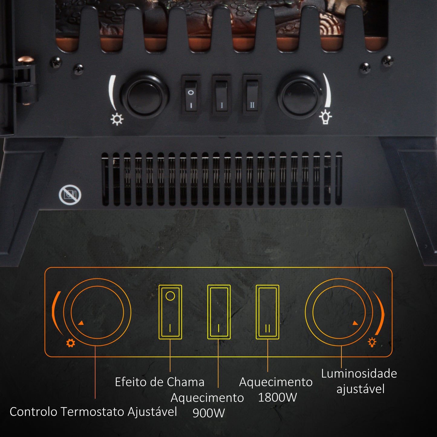 Lareira Elétrica com Termostato Efeito de Chama Realista Potência 900W/1800W Proteção Contra Superaquecimento para Ambientes entre 18-24m² 36x25,5x41,5cm Preto