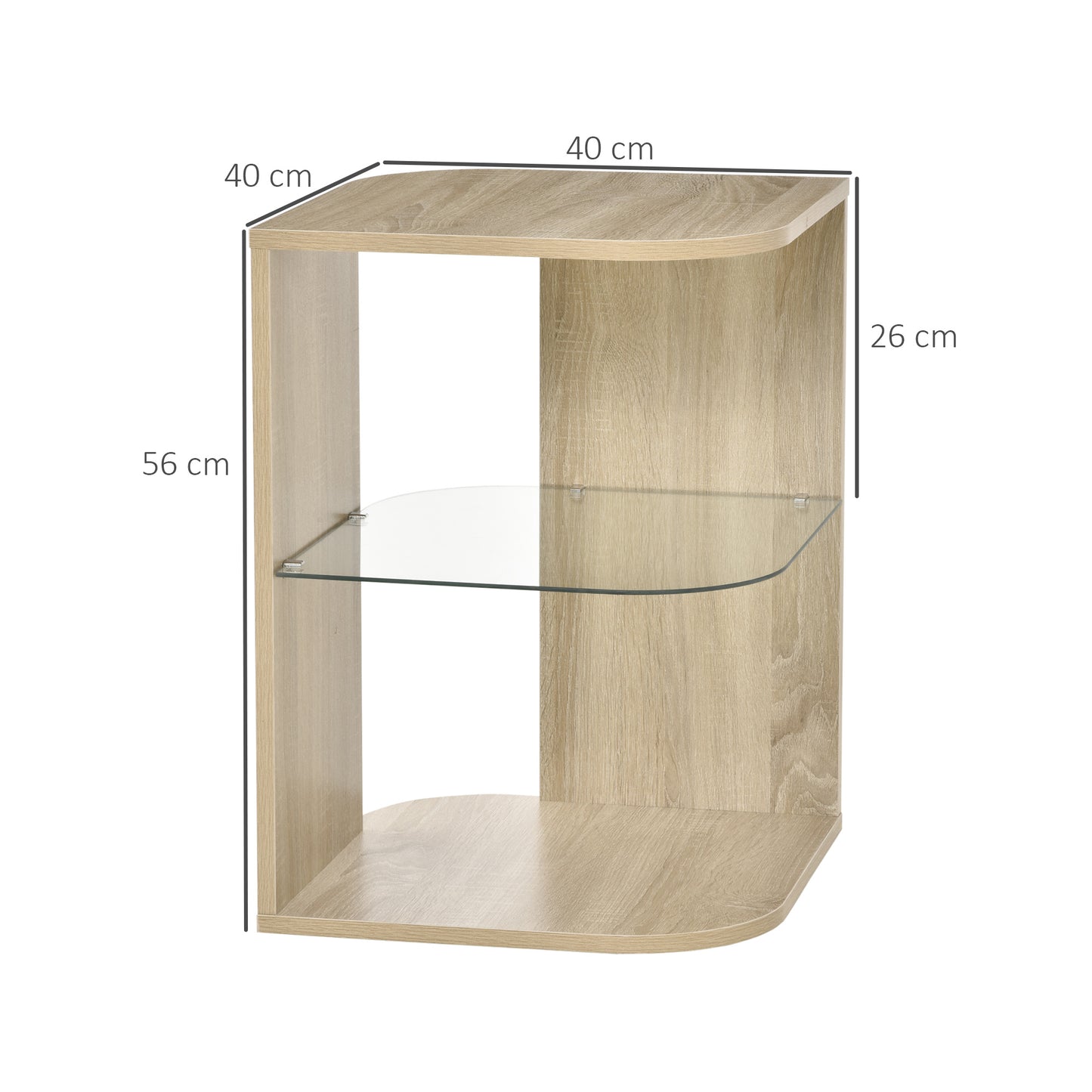 HOMCOM Mesa Auxiliar Moderna Mesa de Cabeceira com 3 Prateleiras 1 de Vidro para Sala de Estar Dormitório 40x40x56cm Madeira Natural