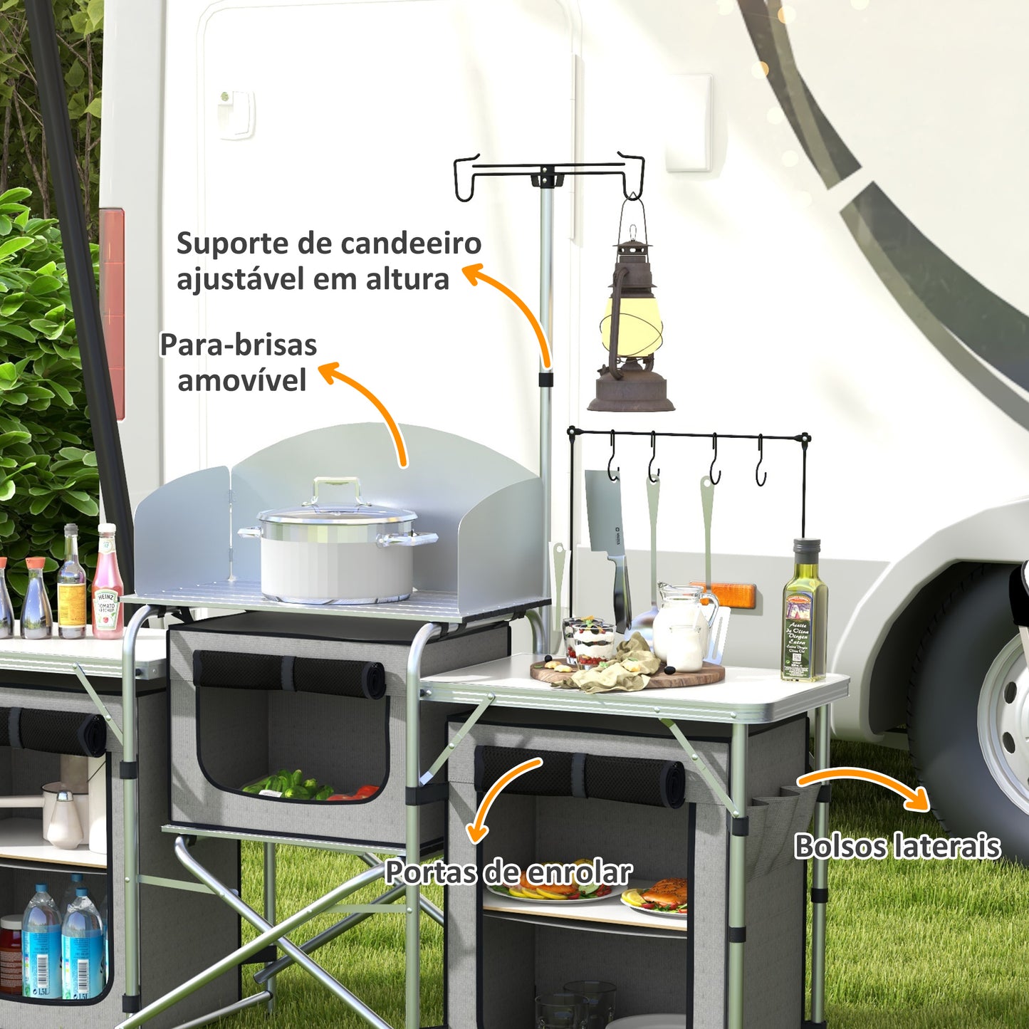 Outsunny Móvel de Cozinha para Campismo Armário para Campismo Dobrável com 3 Tampos 3 Armários Suporte de Luz 4 Ganchos e Bolsa de Transporte para Campismo Piquenique 172x48x119 cm Cinza