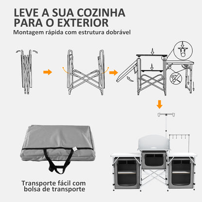 Outsunny Móvel de Cozinha para Campismo Armário para Campismo Dobrável com 3 Tampos 3 Armários Suporte de Luz 4 Ganchos e Bolsa de Transporte para Campismo Piquenique 172x48x119 cm Cinza