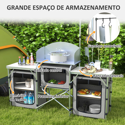 Outsunny Móvel de Cozinha para Campismo Armário para Campismo Dobrável com 3 Tampos 3 Armários Suporte de Luz 4 Ganchos e Bolsa de Transporte para Campismo Piquenique 172x48x119 cm Cinza