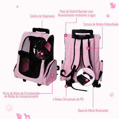 PawHut Transportadora 2 em 1 para Animais de Estimação Mochila ou Carrinho de Viagem para Cães e Gatos com 2 Rodas Alça Retrátil de Alumínio e Bolso de Armazenamento 42x25x55cm Rosa