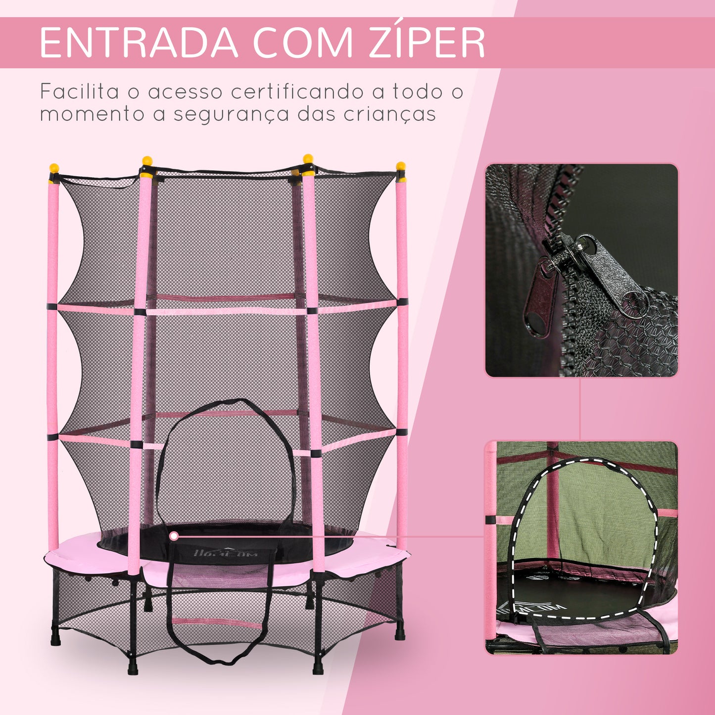 HOMCOM Trampolim para Crianças acima de 3 Anos Cama Elástica Infantil com Rede de Segurança e Estrutura de Aço para Interiores e Exteriores Carga 50kg Ø140x190 cm Rosa