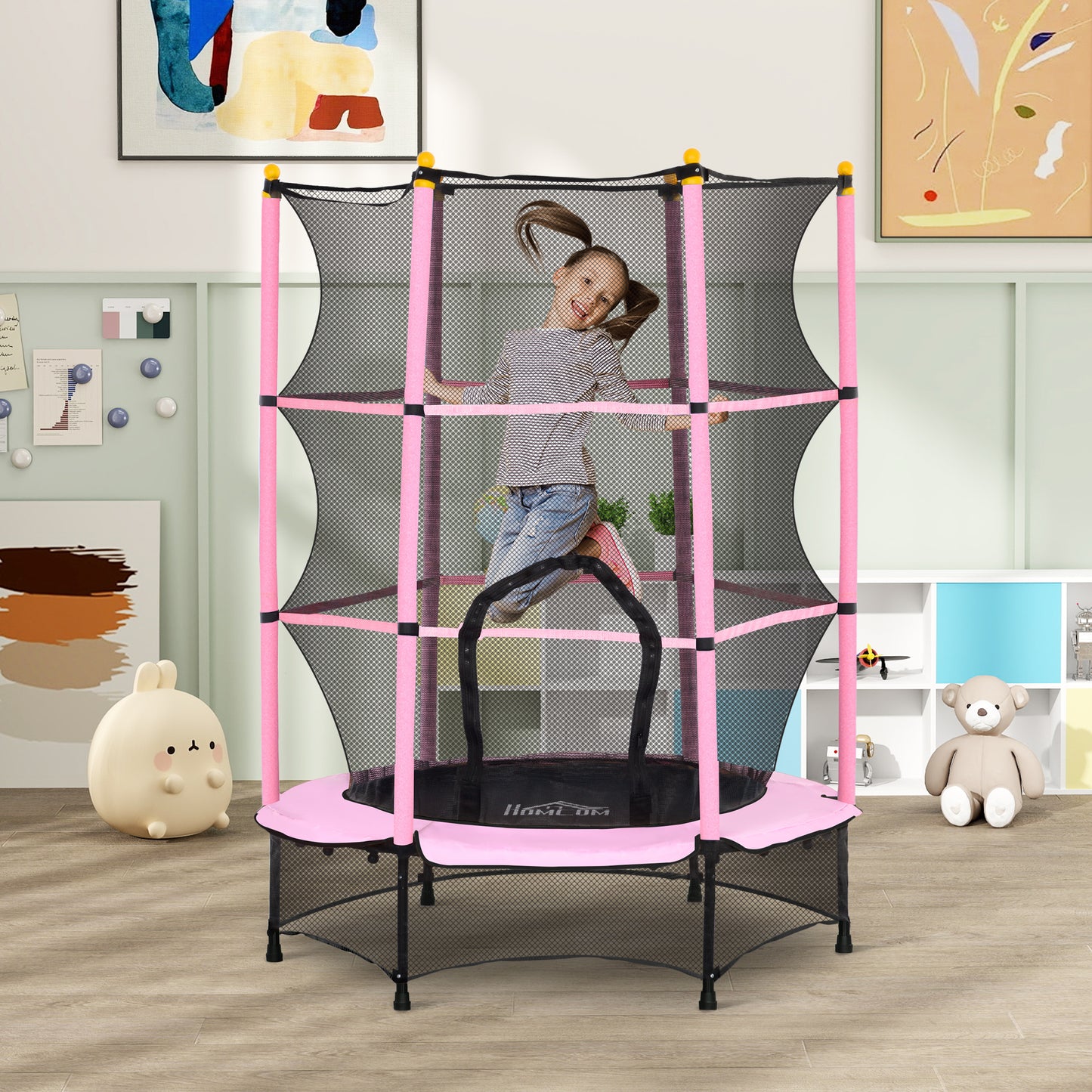 HOMCOM Trampolim para Crianças acima de 3 Anos Cama Elástica Infantil com Rede de Segurança e Estrutura de Aço para Interiores e Exteriores Carga 50kg Ø140x190 cm Rosa