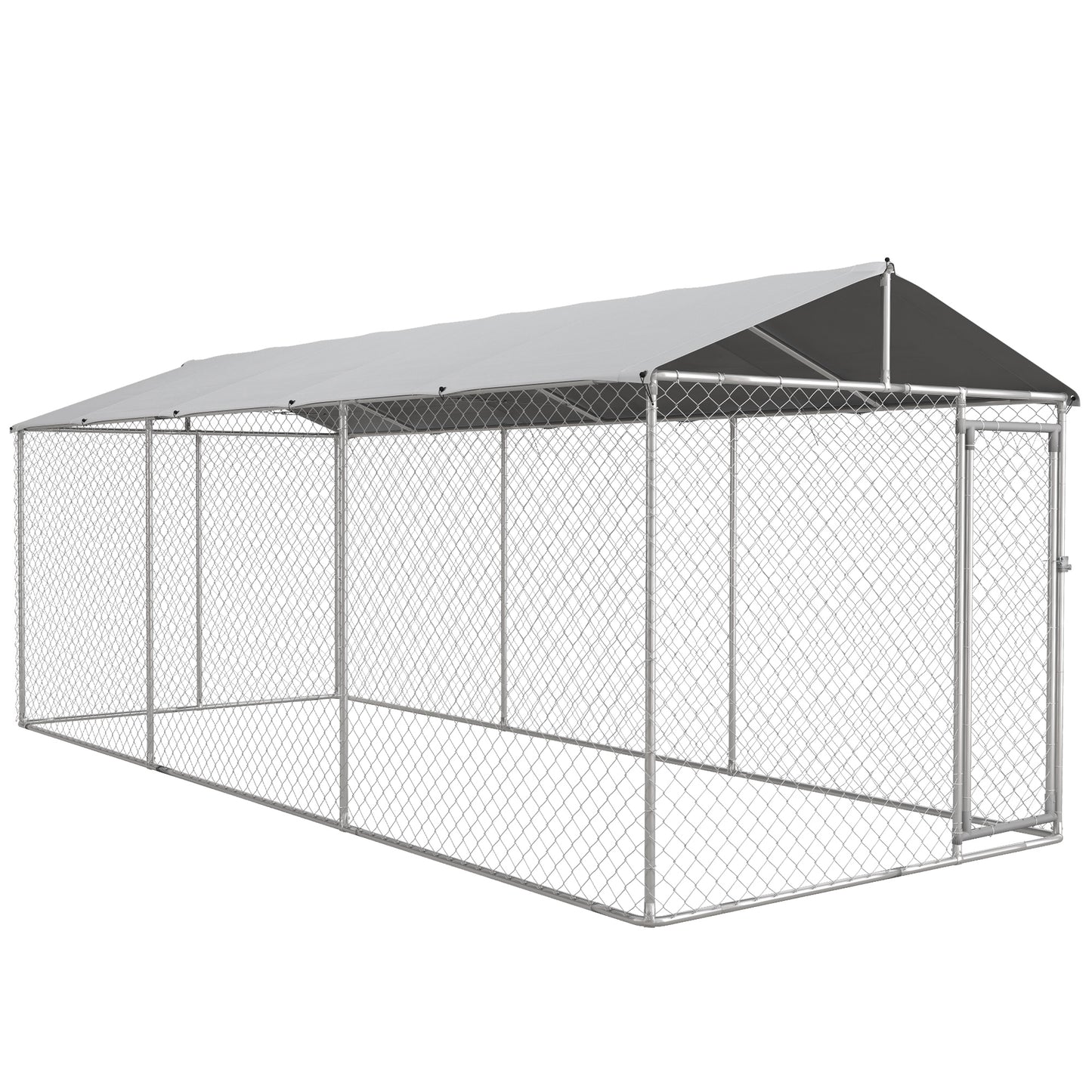 PawHut Canil de Exterior para Cães Parque para Cães com 1 Porta Estrutura de Aço Toldo Impermeável e Anti-UV 600x230x230 cm Prata