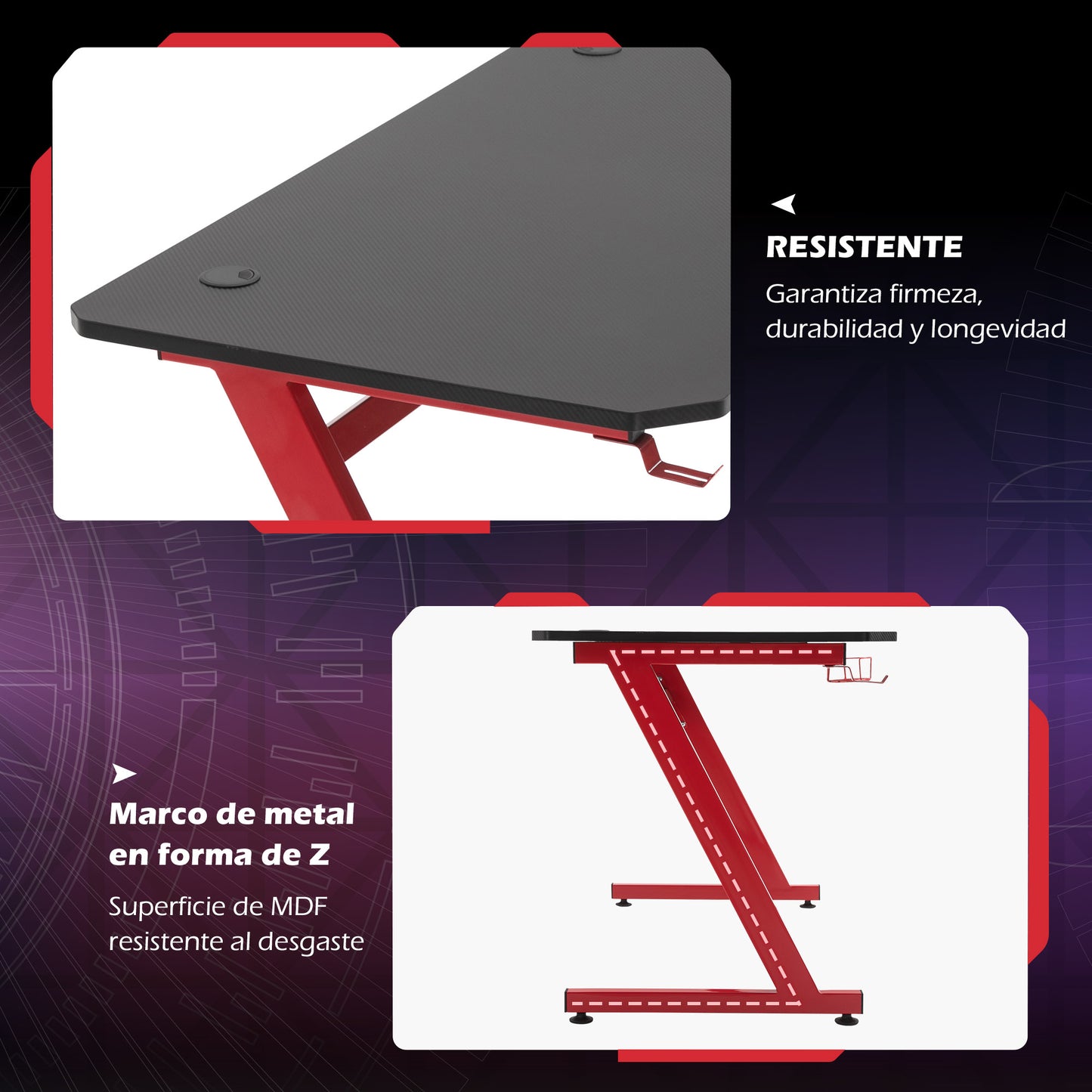 HOMCOM Secretária Gaming 120x65x74,5cm Secretária Gaming para Computador com Suporte para Copos Gancho para Fones de Ouvido e Pés Ajustáveis com Efeito de Fibra de Carbono Preto e Vermelho