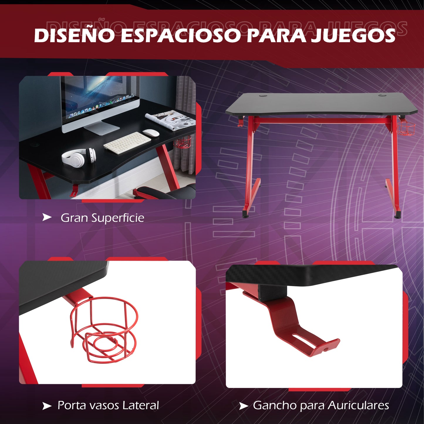 HOMCOM Secretária Gaming 120x65x74,5cm Secretária Gaming para Computador com Suporte para Copos Gancho para Fones de Ouvido e Pés Ajustáveis com Efeito de Fibra de Carbono Preto e Vermelho