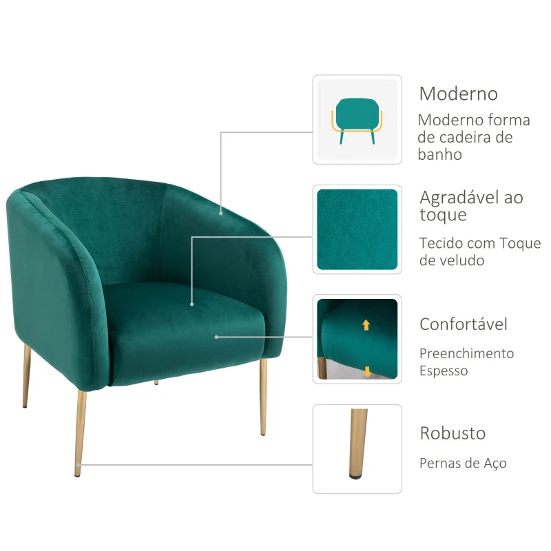 Poltrona Linda em Veludo - Verde e Dourado - Design Moderno