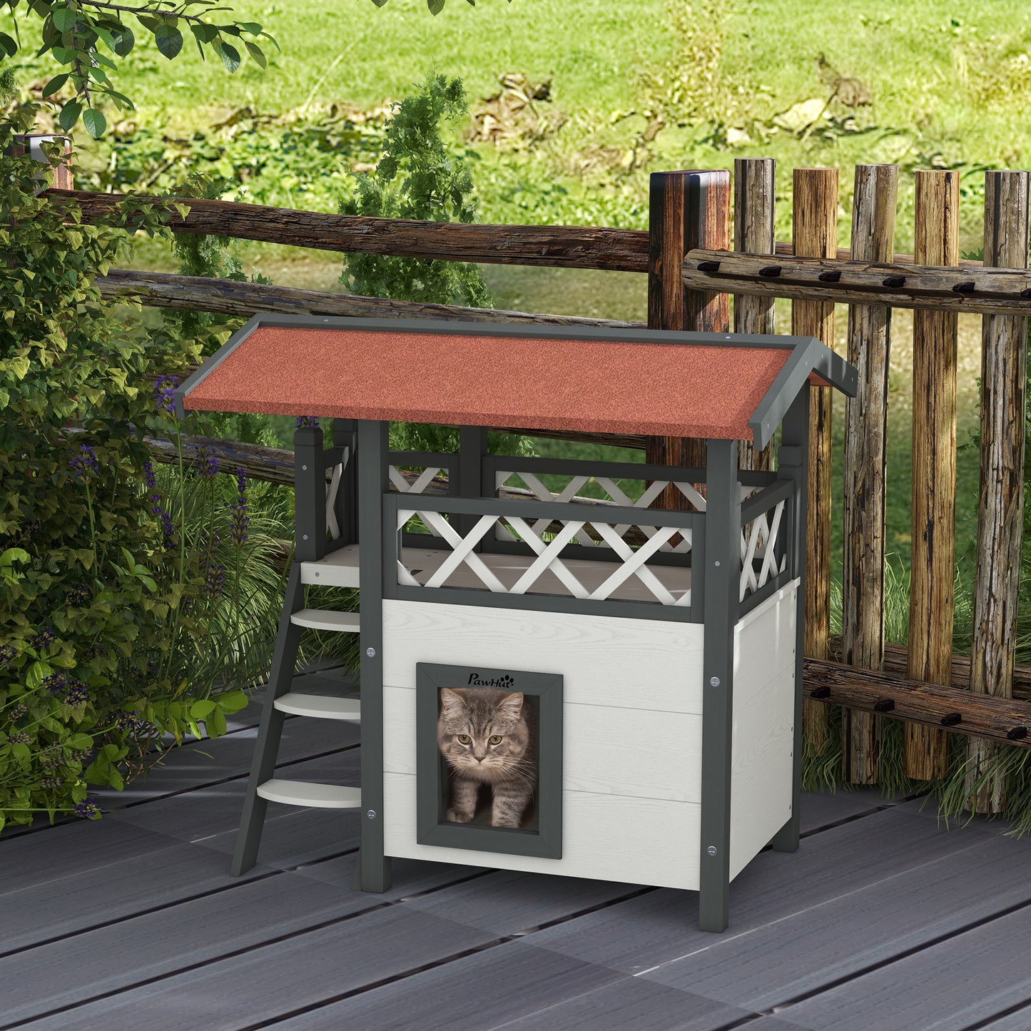 PawHut Casa para Gatos de Madeira 77x50x73cm Casa para Gatos com 2 Níveis com Teto Asfáltico Terraço Cercado Caverna e Escada para Interior e Exterior Branco