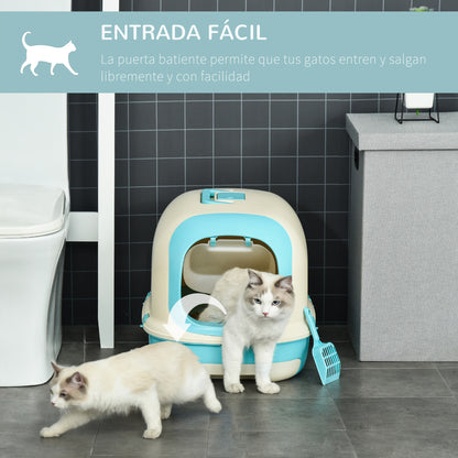 PawHut Caixa de Areia para Gatos com Alça de Transporte Duplo Fundo Bandeja Removível Pá e Filtro de Carvão Ativo 63x43x43cm Bege e Verde