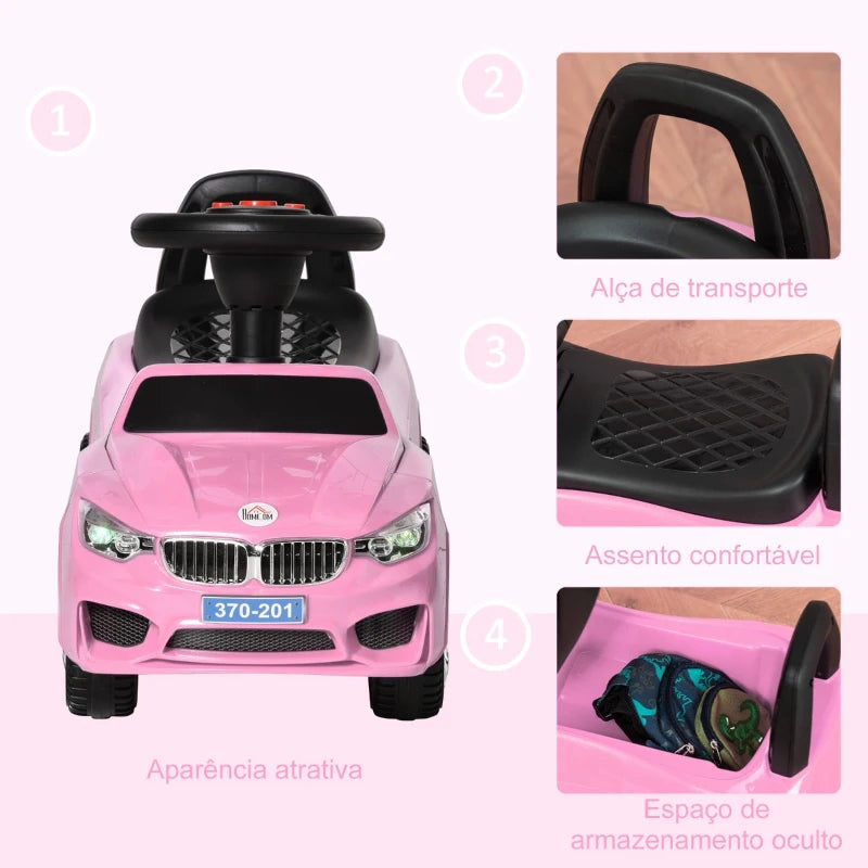 Carro Andador para Crianças de 18-36 Meses com Faróis Música Buzina Volante Compartimento de Armazenamento e Alça para Empurrar 63,5x28x36 Rosa