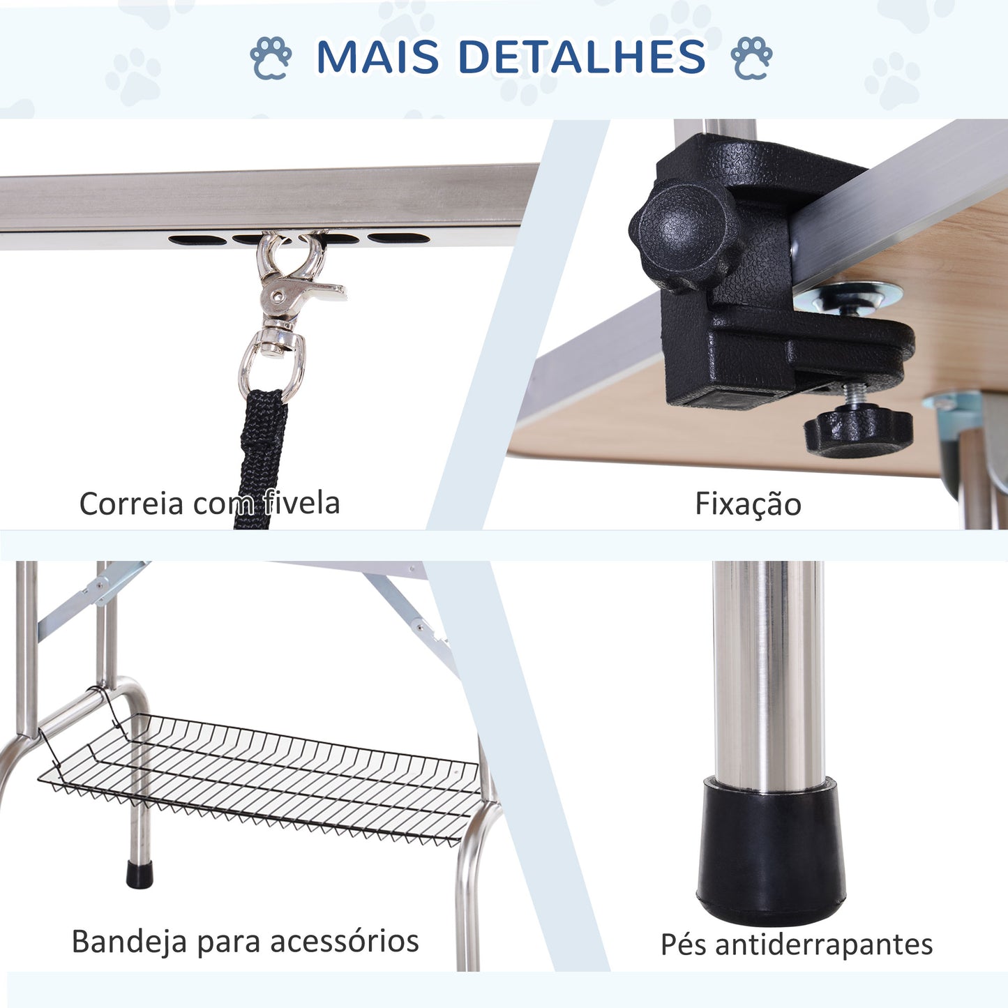 PawHut Mesa de Tosquia para Animais de Estimação Mesa de Tosquia para Cães Dobrável com Prateleira de Armazenamento Estrutura de Aço e Altura Ajustável 20-80 cm 107x60x170 cm Azul