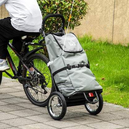 HOMCOM 2 em 1 Reboque de Bicicleta para Carga de 22kg Carrinho de Compras Dobrável com Bandeira Puxador Desmontável 2 Bolsos Laterais Estrutura de Aço e Refletores 53x43x110cm Cinza