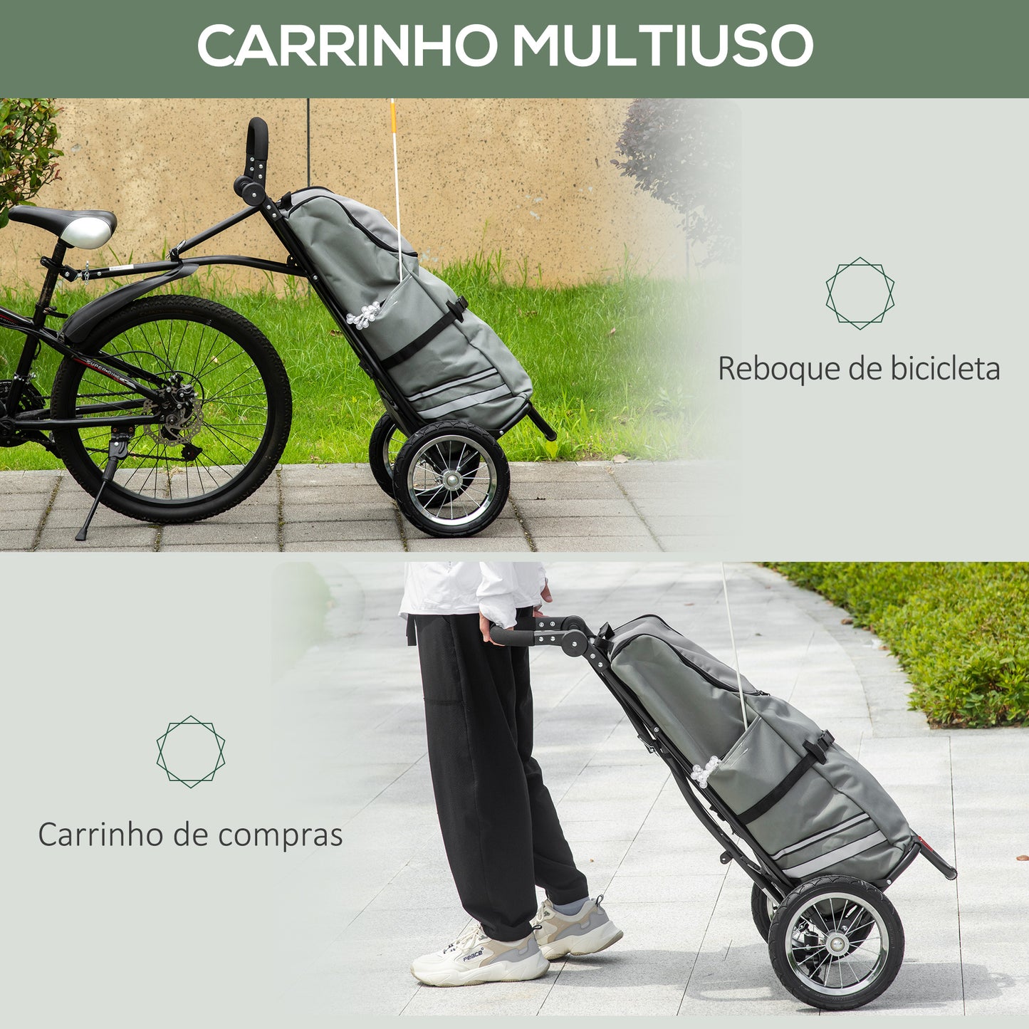 HOMCOM 2 em 1 Reboque de Bicicleta para Carga de 22kg Carrinho de Compras Dobrável com Bandeira Puxador Desmontável 2 Bolsos Laterais Estrutura de Aço e Refletores 53x43x110cm Cinza