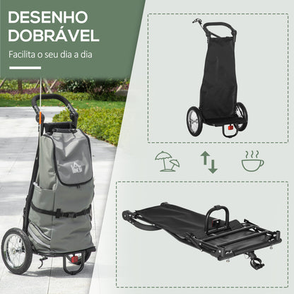 HOMCOM 2 em 1 Reboque de Bicicleta para Carga de 22kg Carrinho de Compras Dobrável com Bandeira Puxador Desmontável 2 Bolsos Laterais Estrutura de Aço e Refletores 53x43x110cm Cinza