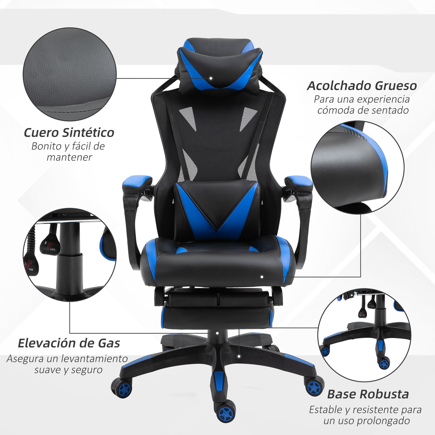 Vinsetto Cadeira Gaming Ergonómica Cadeira Gaming para Escritório com Altura Ajustável Encosto Regulável Almofada Lombar Apoio para os Pés Retráteis 65x70x117-125cm Azul