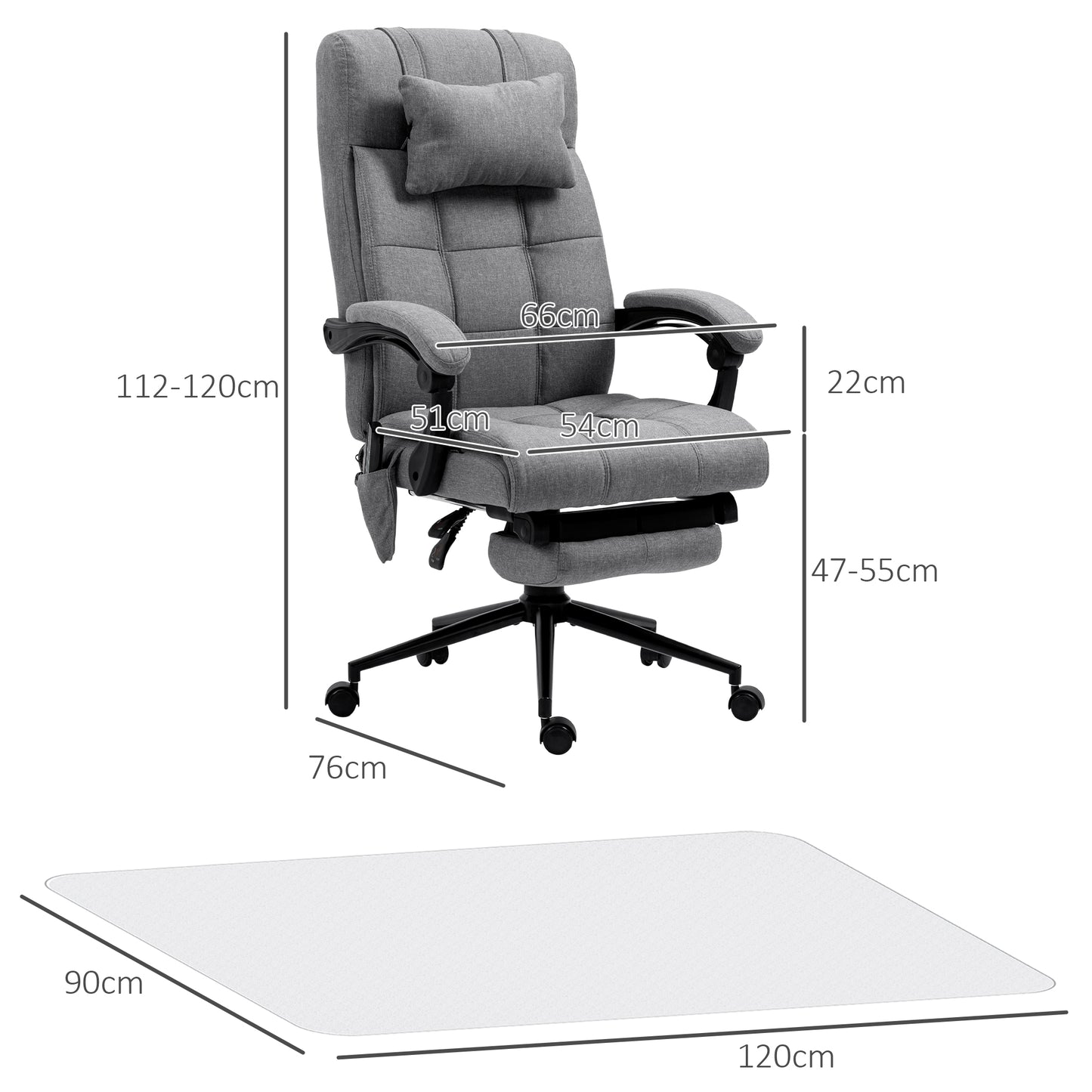 Vinsetto Conjunto de Escritório Inclui 1 Cadeira de Massagem Reclinável com 6 Pontos de Massagem e Função de Aquecimento 66x76x112-120 cm e 1 Tapete Protetor de Chão 90x120 cm Cinza e Transparente