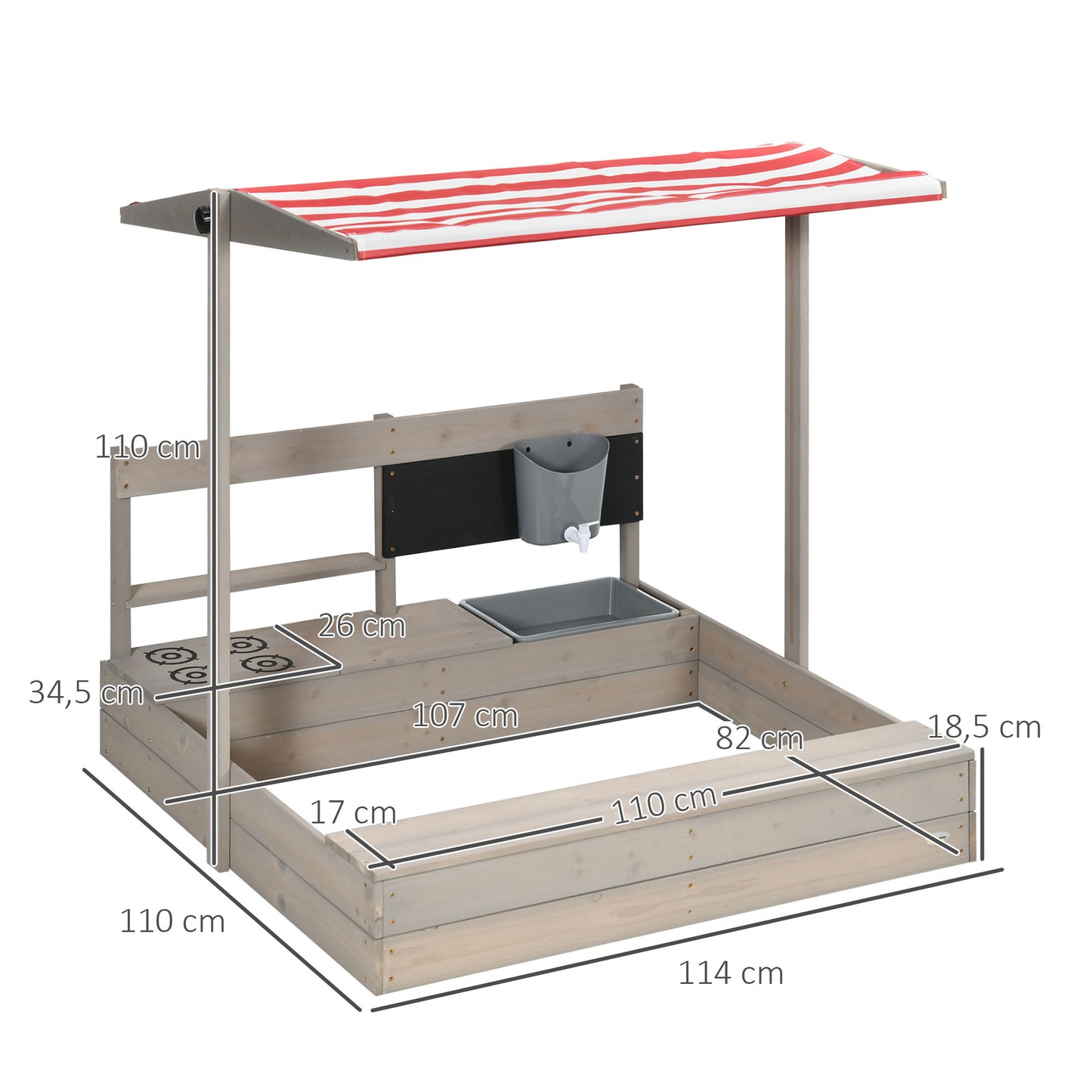 Outsunny Caixa de Areia de Madeira para Crianças com Teto Ajustável Caixa de Areia Infantil com Acessórios de Cozinha e Banco para Crianças de 3-7 Anos para Pátio Jardim 114x110x110 cm Madeira