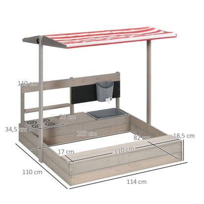 Outsunny Caixa de Areia de Madeira para Crianças com Teto Ajustável Caixa de Areia Infantil com Acessórios de Cozinha e Banco para Crianças de 3-7 Anos para Pátio Jardim 114x110x110 cm Madeira