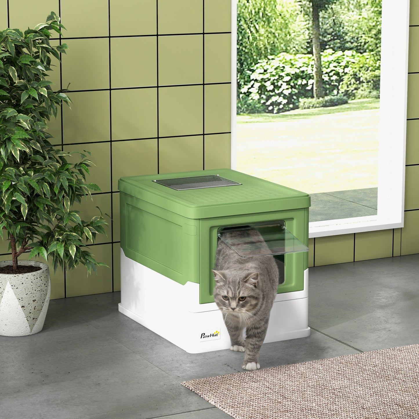 PawHut Caixa de Areia para Gatos Dobrável Caixa de Areia para Gatos Fechada com Cobertura Desmontável Bandeja Removível Teto Rebatível Porta de Entrada e Pá 47,5x35,5x36,7cm Verde Claro