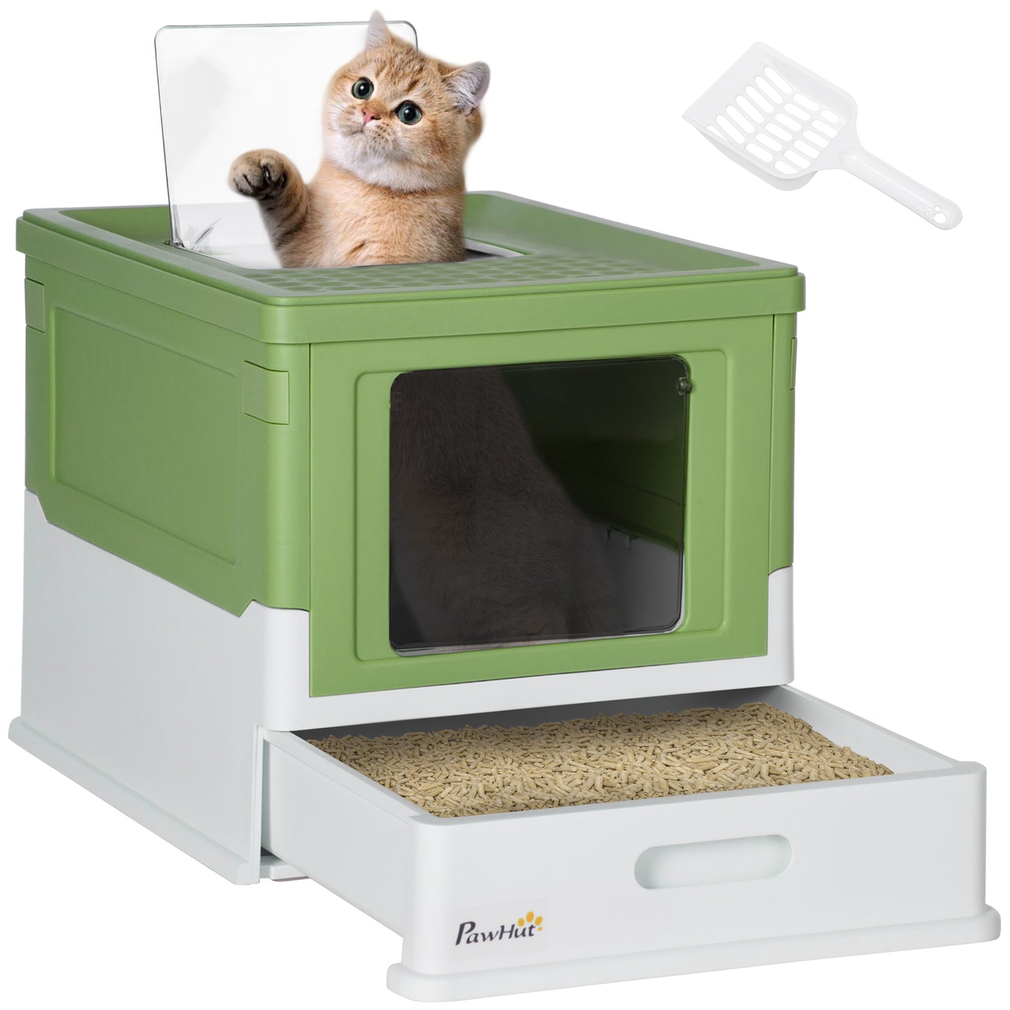 PawHut Caixa de Areia para Gatos Dobrável Caixa de Areia para Gatos Fechada com Cobertura Desmontável Bandeja Removível Teto Rebatível Porta de Entrada e Pá 47,5x35,5x36,7cm Verde Claro